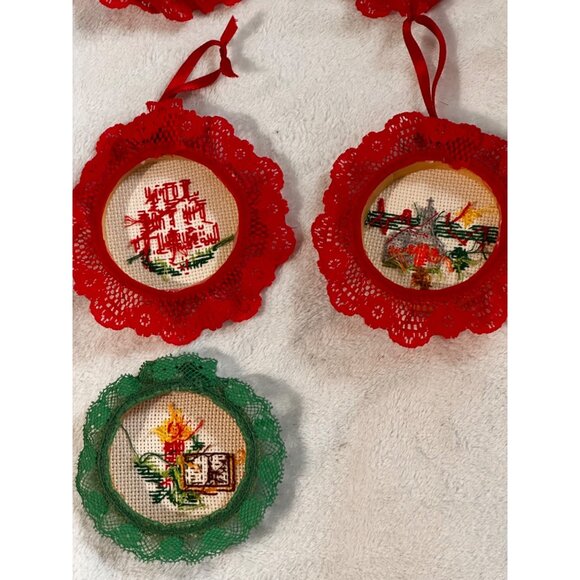 7 Christmas-Themed Cross Stitch Ornaments Lace Trim & Hanging Ribbons Handmade - Picture 11 of 16